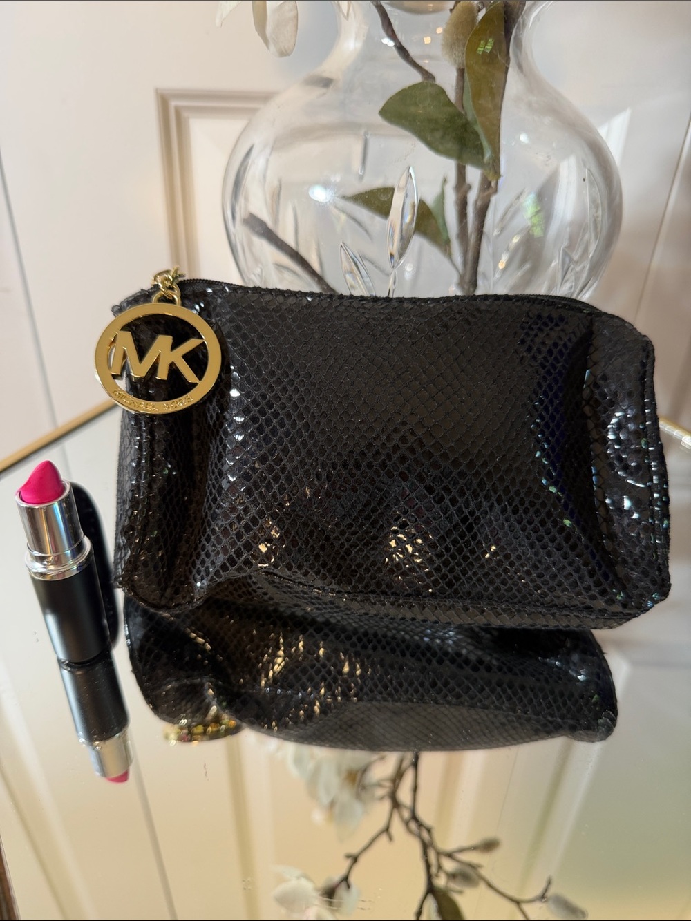 Michael Kors Black Snake-Embossed Cosmetic Case with Gold MK Charm